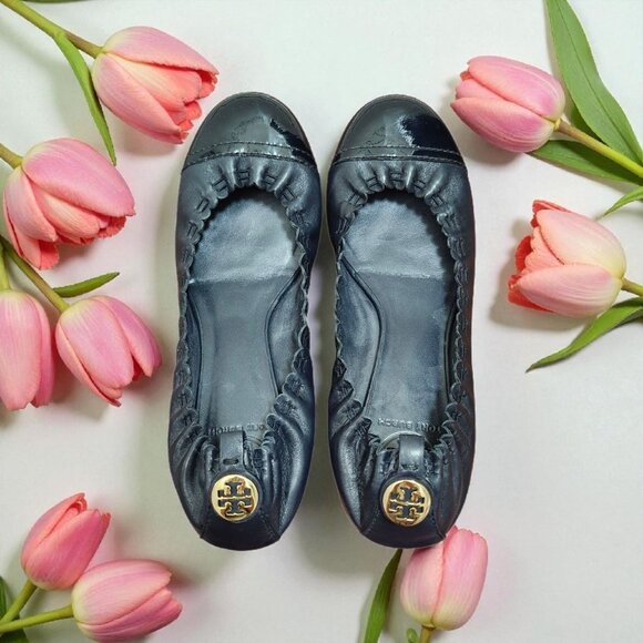 Tory Burch Black Abbey Mestico/Patent Flats dark blue Leather Women's Size 7.5 - Picture 10 of 11